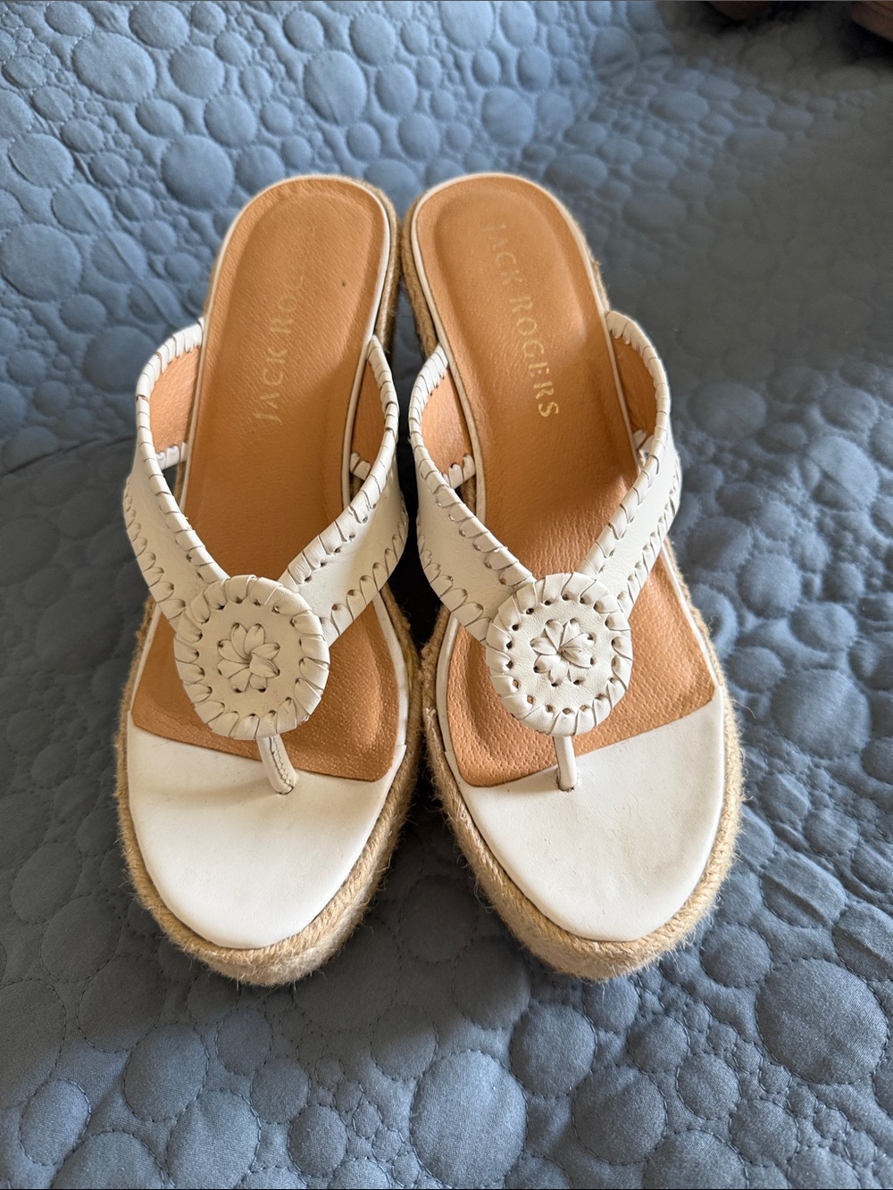 Jack Rogers Cream Leather Espadrille Wedge Thong Sandals
